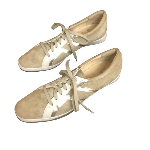 Stylish, Sleek, Tan/Cream/Gold Amalfi Suede/Leather Athletic Shoes, Size 9 - Picture 4 of 6